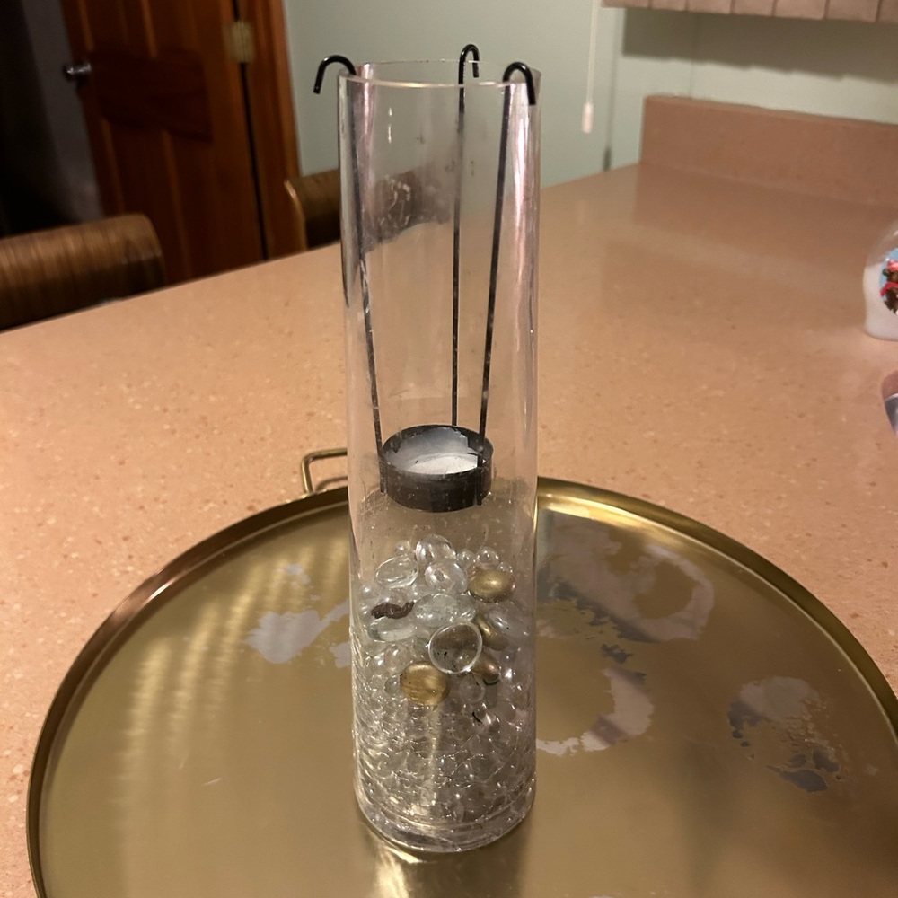 Clear 12 inch tall glass vase with candle holder and glass beads
